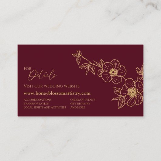 Burgundy Gold Floral Wedding Website Informatiekaartje (Voorkant)