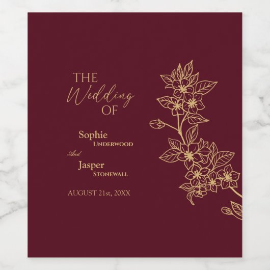 Burgundy Gold Floral Wedding Wine Label Wijn Etiket (Enkel label)
