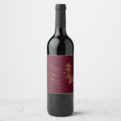 Burgundy Gold Floral Wedding Wine Label Wijn Etiket (Voorkant)
