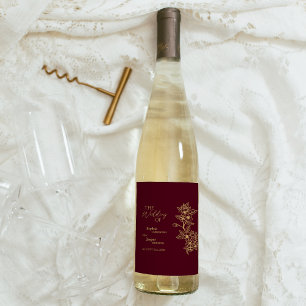 Burgundy Gold Floral Wedding Wine Label Wijn Etiket