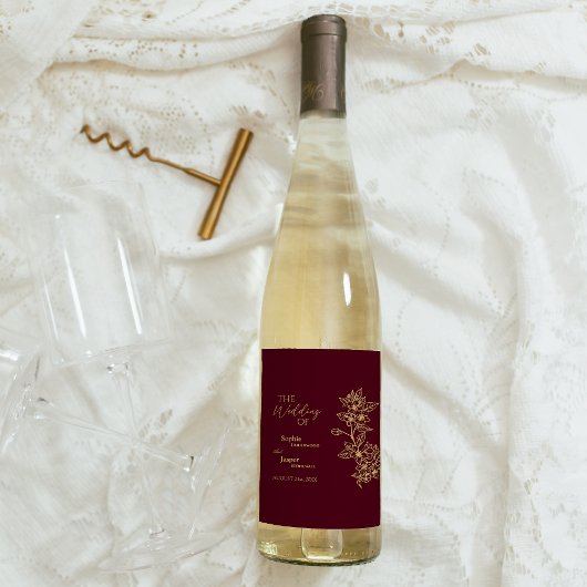Burgundy Gold Floral Wedding Wine Label Wijn Etiket