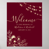 Burgundy Gold Floral Weduwschap Welkomstteken Poster (Voorkant)