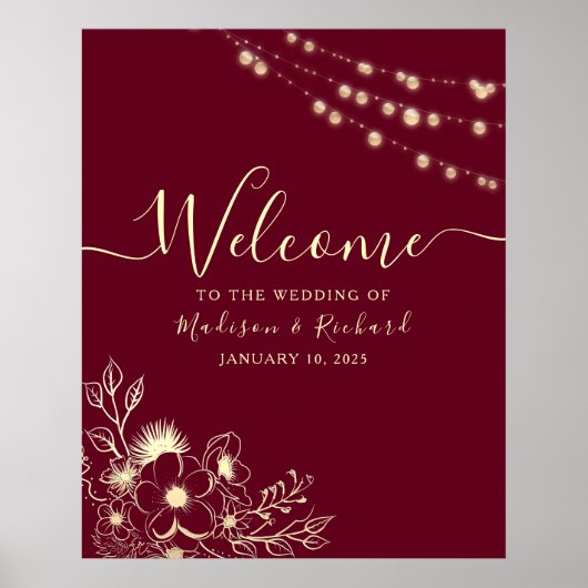 Burgundy Gold Floral Weduwschap Welkomstteken Poster (Voorkant)