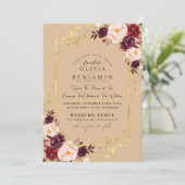 Burgundy Gold Florales Chic Folie Glitter Weddensc Kaart (Staand voorkant)