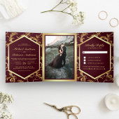 Burgundy Gold Flourish Swirl Wedding Photo Drieluik Uitnodiging