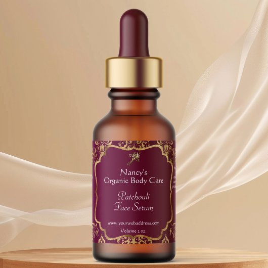 Burgundy & gold foil damask dropper bottle label
