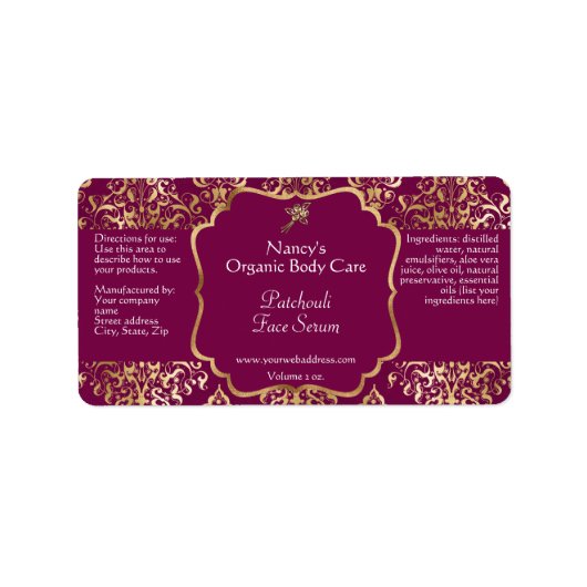 Burgundy & gold foil damask dropper bottle label (Voorkant)