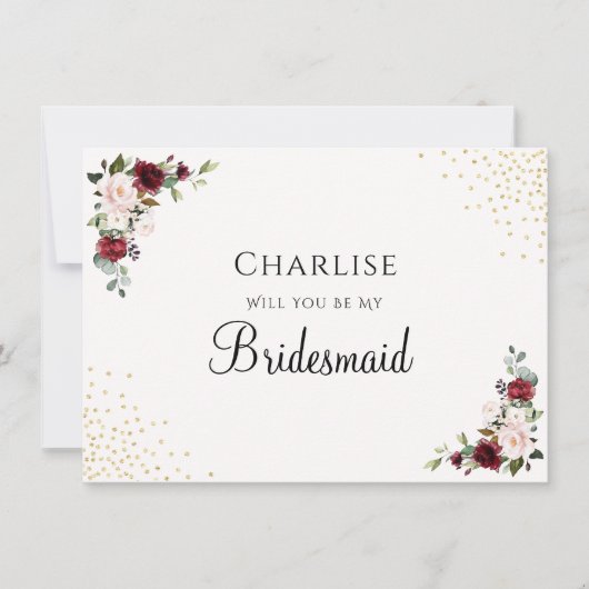 Burgundy Gold Foil Floral Bridesmaid proposal Kaar (Voorkant)