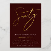 Burgundy & Gold Foil Script 60th Birthday Party Folie Uitnodiging (Voorkant)