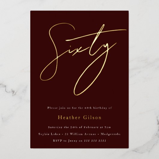 Burgundy & Gold Foil Script 60th Birthday Party Folie Uitnodiging (Voorkant)