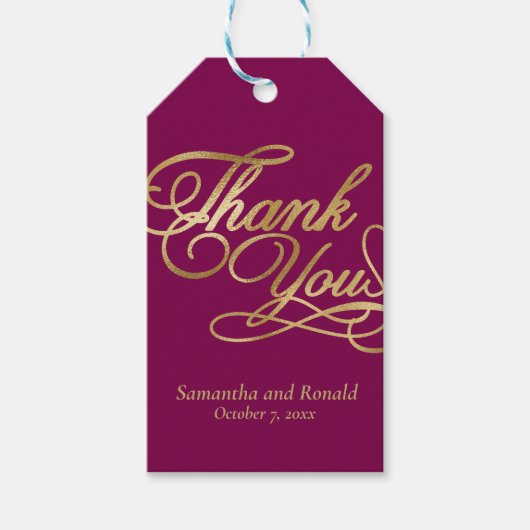 Burgundy & Gold Foil Thank You Calligraphy Wedding Cadeaulabel (Voorkant)