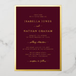 Burgundy Gold Foil Wedding Invitations Folie Uitnodiging<br><div class="desc">Eenvoudig en stijlvol,  deze elegante trouwuitnodiging is voorzien van een stijlvolle rand en een prachtig kalligrafiescript met handschrift,  dat in echte gouden folie wordt geperst.</div>
