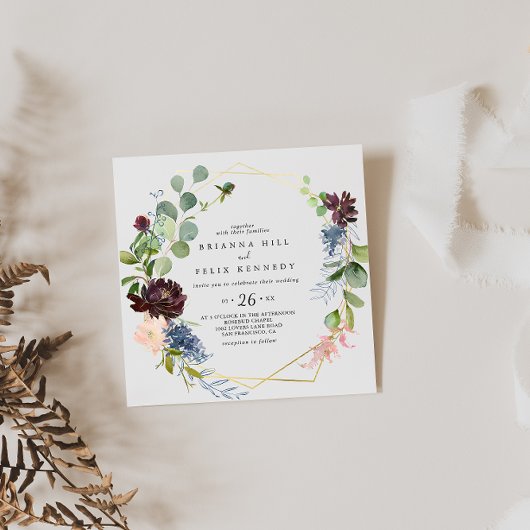 Burgundy Gold Geometric Casual Weddenschap Kaart