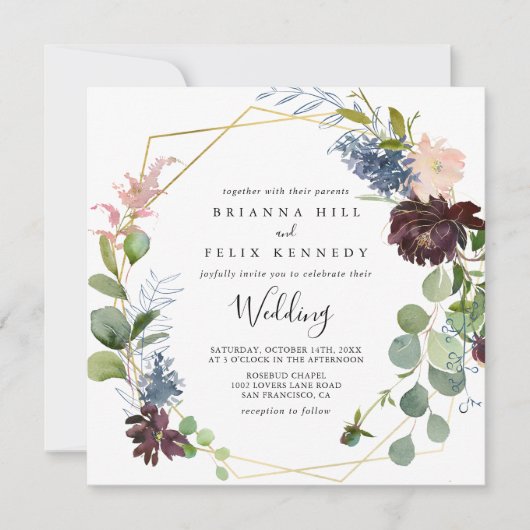 Burgundy Gold Geometric Front & Back Wedding Kaart (Voorkant)