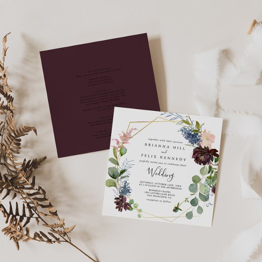 Burgundy Gold Geometric Front & Back Wedding Kaart