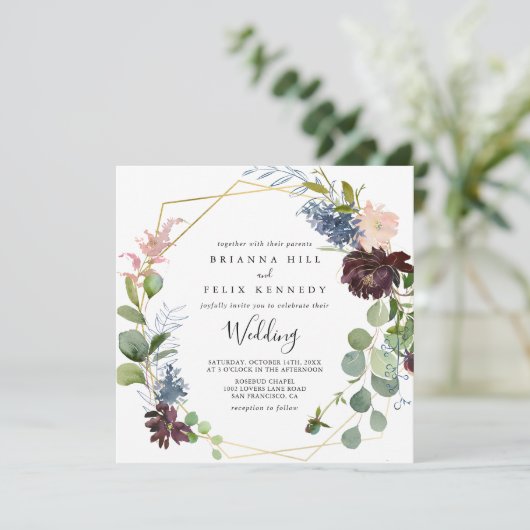 Burgundy Gold Geometric Front & Back Wedding Kaart (Staand voorkant)