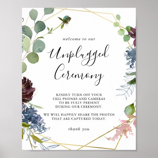 Burgundy Gold Geometric Unplugged Ceremony Sign Poster (Voorkant)