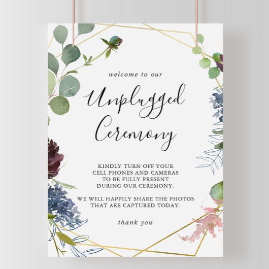 Burgundy Gold Geometric Unplugged Ceremony Sign Poster