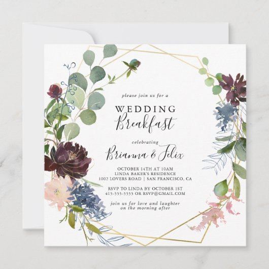 Burgundy Gold Geometric Weddenschap Breakfast Kaart (Voorkant)