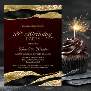 Burgundy Gold Glitter 18th Birthday Party Kaart