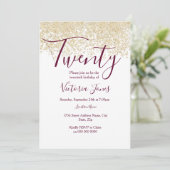 Burgundy Gold Glitter 20ste verjaardag Uitnodiging (Staand voorkant)