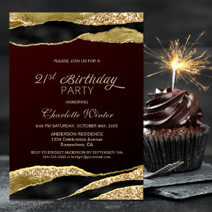 Burgundy Gold Glitter 21st Birthday Party Kaart