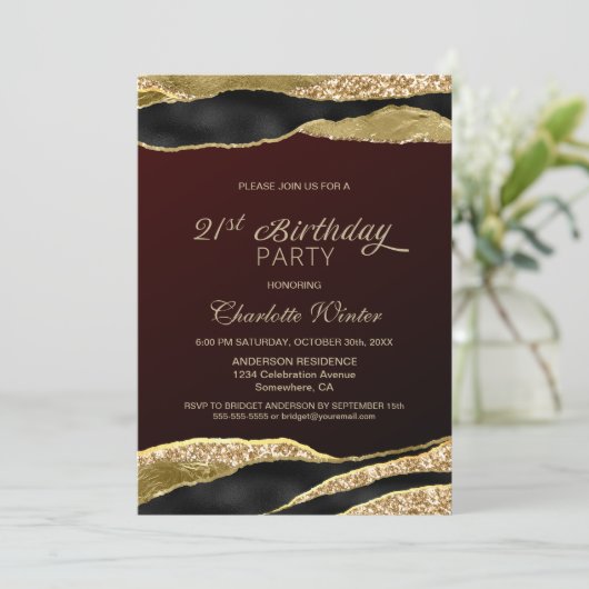 Burgundy Gold Glitter 21st Birthday Party Kaart (Staand voorkant)