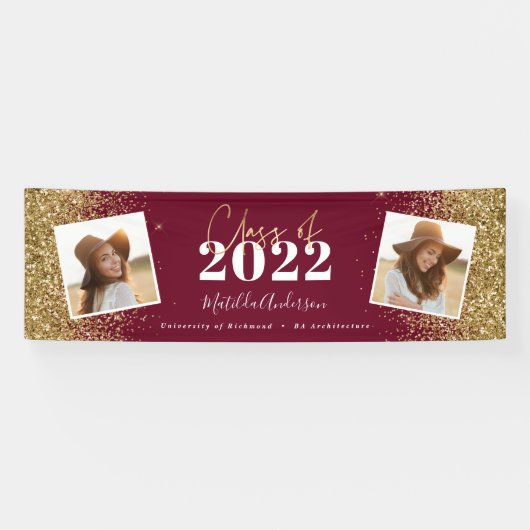 Burgundy Gold glitter 2 fotoklasse afstuderen Spandoek (Horizontaal)