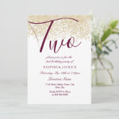 Burgundy Gold Glitter 2e verjaardag Uitnodiging (Staand voorkant)