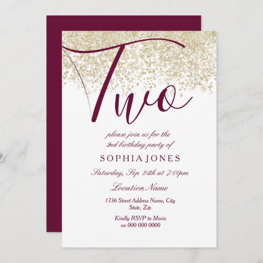 Burgundy Gold Glitter 2e verjaardag Uitnodiging (Voorkant / Achterkant)