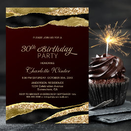 Burgundy Gold Glitter 30th Birthday Party Kaart