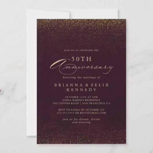 Burgundy Gold Glitter 50th Wedding Jubileum Kaart (Voorkant)
