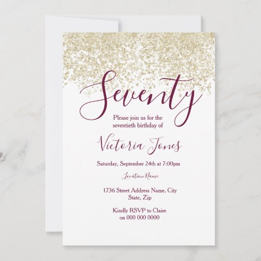 Burgundy Gold Glitter 70ste verjaardag Uitnodiging (Voorkant)