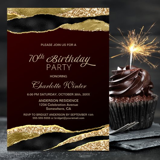 Burgundy Gold Glitter 70th Birthday Party Kaart