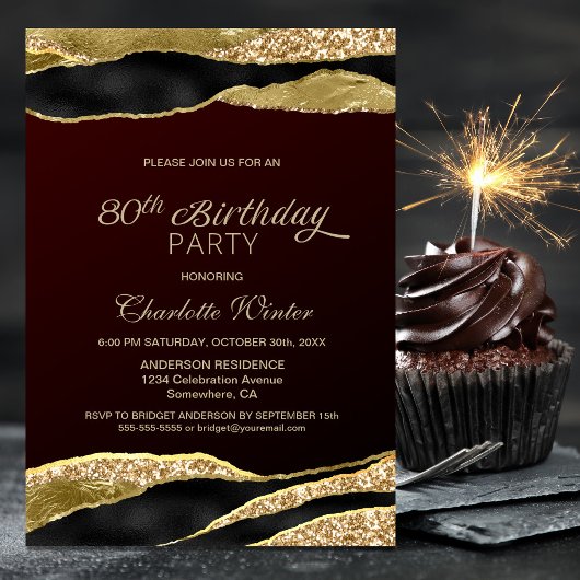 Burgundy Gold Glitter 80th Birthday Party Kaart