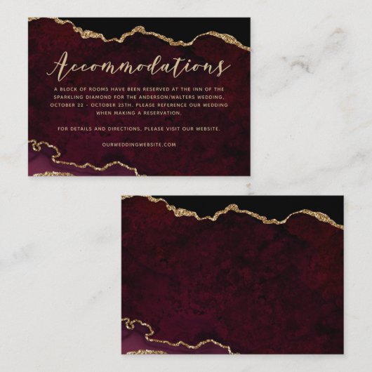 Burgundy Gold Glitter Agate Accommodations Informatiekaartje (Voorkant / Achterkant)