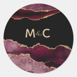 Burgundy Gold Glitter Agate Monogram Weddenschap Ronde Sticker