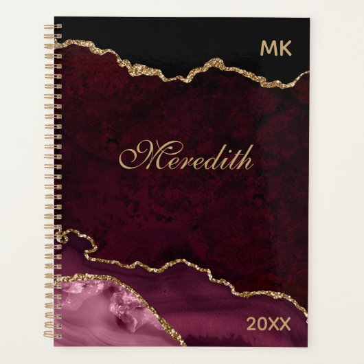 Burgundy Gold Glitter Agate Personalized Planner (Voorkant)