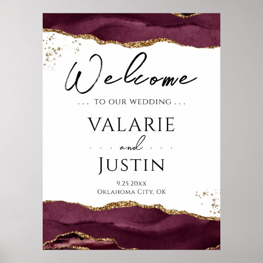 Burgundy Gold Glitter Agate Weddenschap Welkomstte Poster (Voorkant)