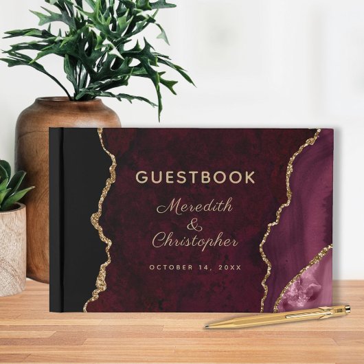 Burgundy Gold Glitter Agate Wedding Gastenboek