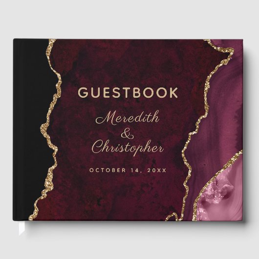 Burgundy Gold Glitter Agate Wedding Gastenboek (Voorkant)