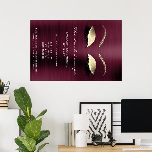 Burgundy Gold Glitter Branding Beauty Lashes Glam Poster (Thuiskantoor)