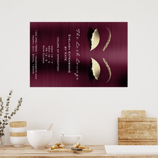 Burgundy Gold Glitter Branding Beauty Lashes Glam Poster (Keuken)