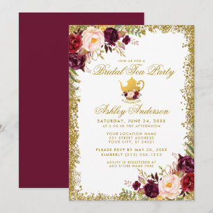 Burgundy Gold Glitter Bridal Tea Party Invite B Kaart