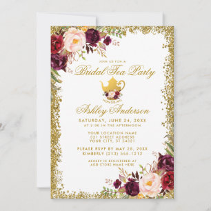 Burgundy Gold Glitter Bridal Tea Party Invite Kaart