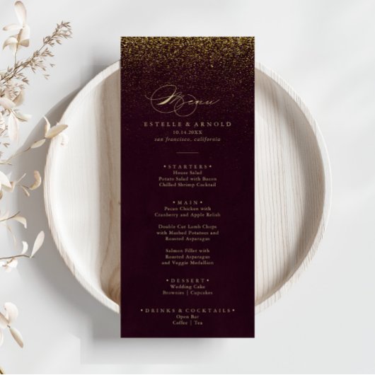 Burgundy Gold Glitter Calligraphy Dinner Menu