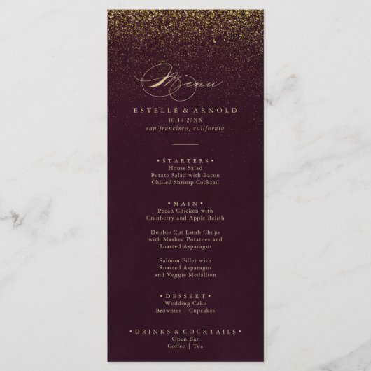 Burgundy Gold Glitter Calligraphy Dinner Menu (Voorkant)