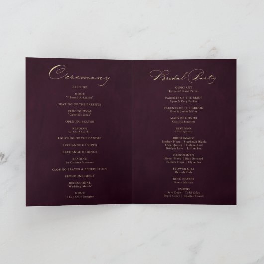 Burgundy Gold Glitter Calligraphy Folded Wedding Programma (Binnen)
