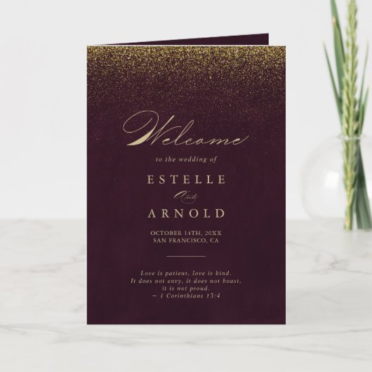Burgundy Gold Glitter Calligraphy Folded Wedding Programma (Voorkant)