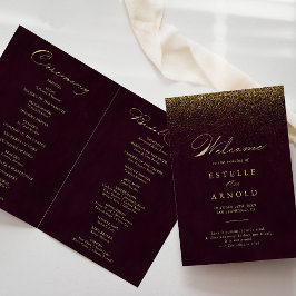Burgundy Gold Glitter Calligraphy Folded Wedding Programma